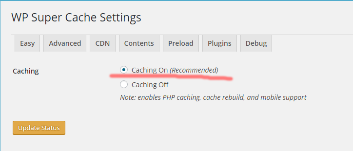 wp super cache plugin settings